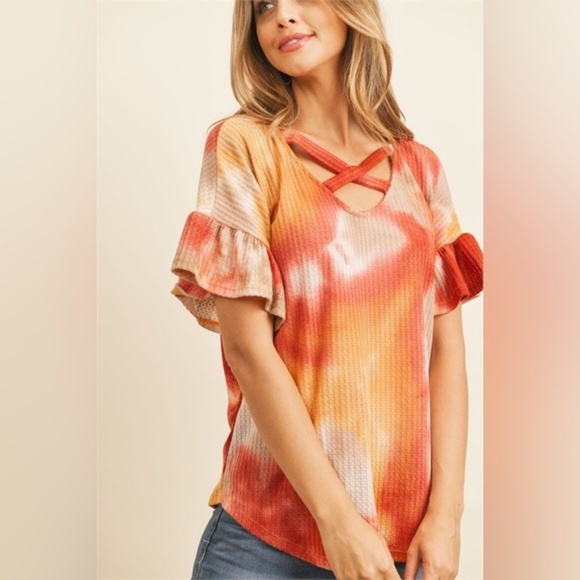 S M XL CRISS CROSS NECK RUFFLE SLEEVE TIE DYE WAFFLE TOP - Picture 1 of 6